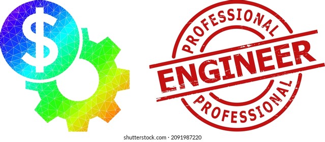 Professional Engineer unclean badge, and low-poly rainbow colored engineering price icon with gradient. Red seal has PROFESSIONAL ENGINEER title inside circle and lines shape.