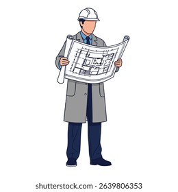 Professional Engineer Wearing Hard Hat and Reviewing Architectural Blueprints