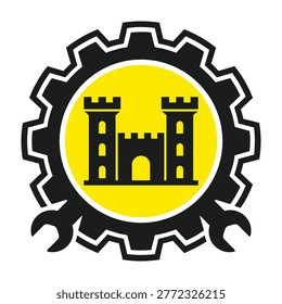 A professional engineering and construction emblem featuring a black castle tower silhouette inside a yellow circle and gear wheel, symbolizing industrial expertise.