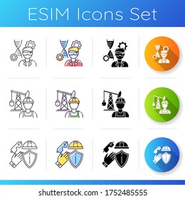 Professional Engineering Work Icons Set. Safety Labor Uniform. Biomedical Manufacturing Professional. Petroleum Extraction Site. Linear, Black And RGB Color Styles. Isolated Vector Illustrations