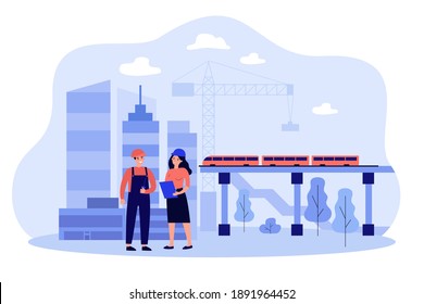 Professional engineers discussing project isolated flat vector illustration. Cartoon builders building industry infrastructure. Civil engineering and construction concept