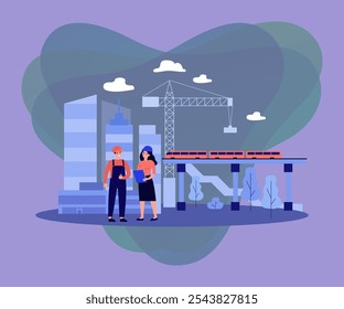 Engenheiros profissionais discutem projeto isolado plana vetor ilustração. Construtores de desenhos animados construindo infraestrutura industrial. Conceito de engenharia civil e construção