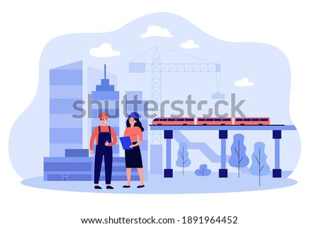 Professional engineers discussing project isolated flat vector illustration. Cartoon builders building industry infrastructure. Civil engineering and construction concept