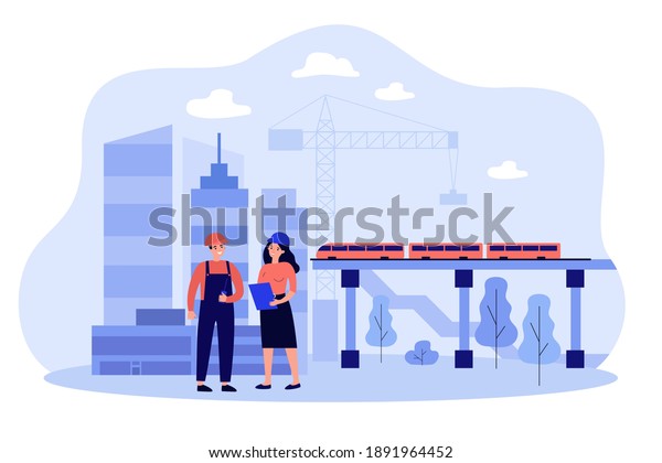 Professional\
engineers discussing project isolated flat vector illustration.\
Cartoon builders building industry infrastructure. Civil\
engineering and construction\
concept
