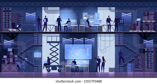 Engenheiros de TI profissionais que trabalham no System Control Center cheio de monitores e servidores. Supervisor segura laptop e realiza um briefing. Possivelmente agência governamental conduz investigação. vetor