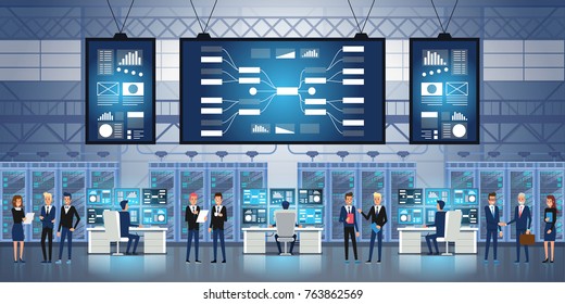 Professional IT Engineers Working in System Control Center Full of Monitors and Servers. Possibly Government Agency Conducts Investigation. Vector illustration