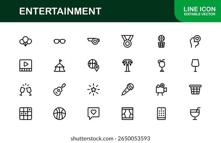 Professional Entertainment Icons Pack with Minimal Line Art Featuring Media, Music, Cinema, and Gaming