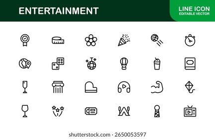 Professional Entertainment Icons Pack with Minimal Line Art Featuring Media, Music, Cinema, and Gaming