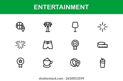 Professional Entertainment Icons Pack with Minimal Line Art Featuring Media, Music, Cinema, and Gaming