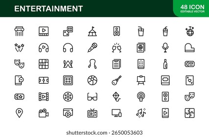 Professional Entertainment Icons Pack with Minimal Line Art Featuring Media, Music, Cinema, and Gaming
