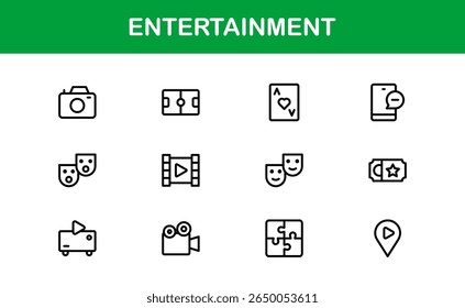Professional Entertainment Icons Pack with Minimal Line Art Featuring Media, Music, Cinema, and Gaming