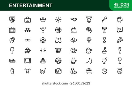 Professional Entertainment Icons Pack with Minimal Line Art Featuring Media, Music, Cinema, and Gaming