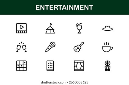 Professional Entertainment Icons Pack with Minimal Line Art Featuring Media, Music, Cinema, and Gaming