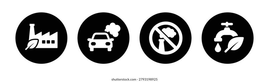 Professional environmental protection icon set featuring eco-friendly manufacturing, vehicle emissions, air pollution control, and water conservation symbols. Ideal for sustainability programs, environmental management systems, ESG reporting, green technology projects, climate initiatives, eco-friendly businesses, and environmental awareness campaigns.