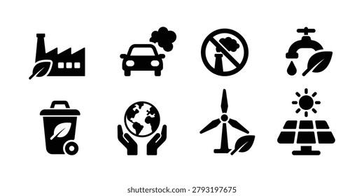 Professional environmental sustainability icon set featuring eco industry, vehicle emissions, pollution control, water conservation, recycling, global environmental protection, wind energy, and solar power symbols. Ideal for sustainability reports, environmental campaigns, green technology projects, ESG initiatives, renewable energy platforms, and eco-friendly branding.