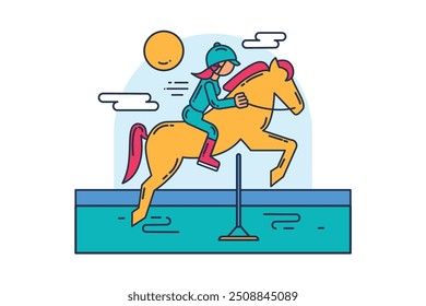 Professional equestrian rider riding horse jumps over obstacle barrier. Olympic sport and active lifestyle. Simple colored stroked vector concept isolated on white background