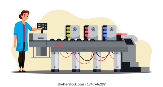 Professional equipment for advertising agency concept. Woman worker prints on offset printing machine. Polygraphy production service in printing house, printshop or typography. Vector illustration