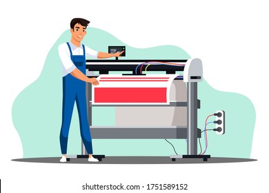 Professional equipment for advertising agency concept. Man worker prints on large format plotter machine. Polygraphy production service in printing house, printshop or typography. Vector illustration