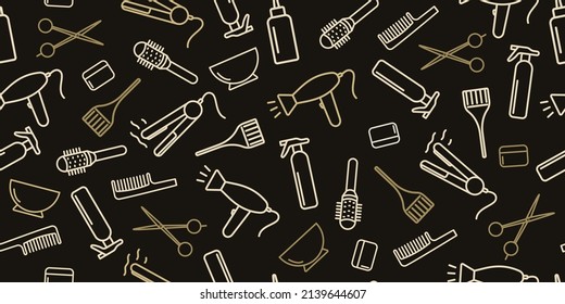 Professional equipment for hairdressing salon. Hair stylist tools horizontal seamless vector pattern. Linear icons haircut, hair coloring. Golden outline on a black background. For printing, banners.