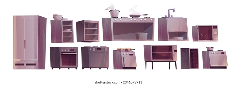 Professional equipment on restaurant kitchen. Commercial kitchen interior with furniture and appliances for cooking food, fridge, oven, microwave, sink and plates on table, vector cartoon set