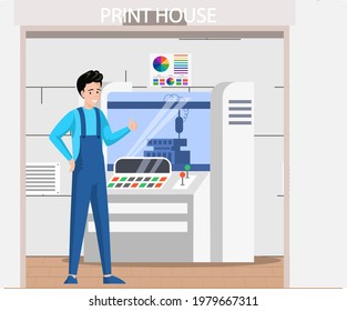 Professional equipment for print house. Male worker printing on machine shows thumbs up. Polygraphy production service in printshop or typography. Employee working with equipment shows like gesture
