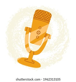 Professional equipment for recording audio and vocals, gold microphone on coasters. Success symbol of attainment in blogging, singing and podcasts recording. Cartoon vector isolated illustration.