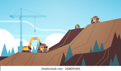 professional equipment working on coal mine production extraction industry mining transport concept opencast stone quarry mountain background flat horizontal