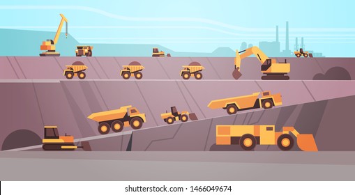 professional equipment working on coal mine production. extraction industry mining transport concept. opencast stone quarry background flat horizontal.