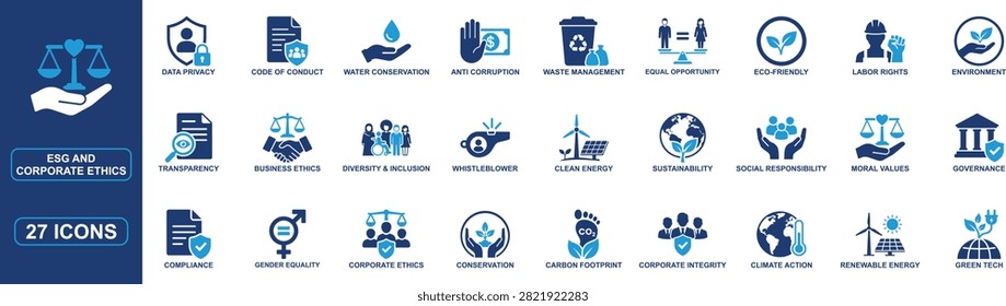 Professional ESG and corporate ethics icon set featuring sustainability, governance, business ethics, renewable energy, compliance, climate action, social responsibility, diversity, transparency, conservation, carbon footprint, and green technology symbols. Ideal for annual reports, corporate websites, presentations, and ESG publications.