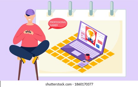 Professional e-sport gamer live streaming online videogame play and viewer with laptop. E-sports streaming, live game show, online streaming. A teenager player sitting holding gamepad in hands