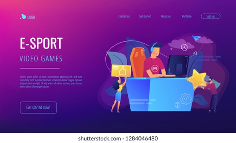 Professional e-sport player at desk playing video game and getting likes. E-sport, cybersport market, competitive computer gaming concept. Website vibrant violet landing web page template.