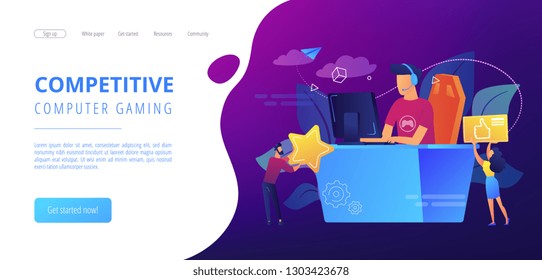 Professional e-sport player at desk playing video game and getting likes. E-sport, cybersport market, competitive computer gaming concept. Website vibrant violet landing web page template.