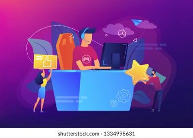 Professional e-sport player at desk playing video game and getting likes. E-sport, cybersport market, competitive computer gaming concept. Bright vibrant violet vector isolated illustration