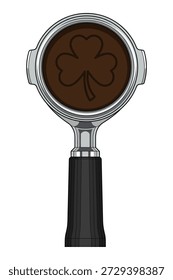 Máquina de café espresso Profesional herramienta que sostiene el café molido con forma de trébol. Concepto de preparación de café irlandés para café.