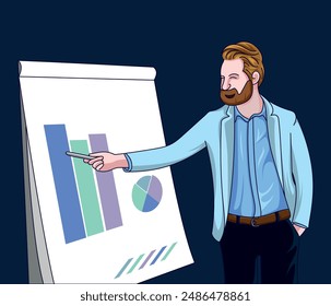 Professional in executive suit presenting business data on whiteboard with statistics graphs