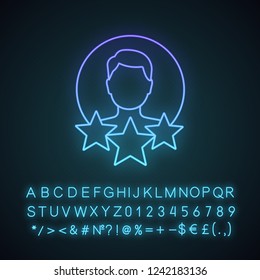 Professional experience neon light icon. Profile rating. User reviews and feedback. Work history. Customer experience. Profile evaluation. Glowing alphabet, numbers. Vector isolated illustration