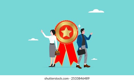 Professional or expert, success employee and win award, employee of the month, best office worker, specialist skill to achieve goal, success professional businessman and woman stand with star award