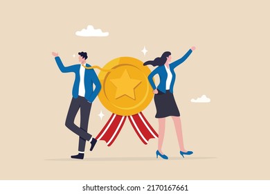 Professional or expert who success and win award, best office employee or specialist with skills to achieve goal concept, success businessman and businesswoman professional stand with star award. - Shutterstock ID 2170167661