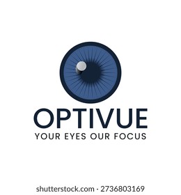 Professional eye care logo featuring blue iris, stylized with a central pupil, Global vision logotype graphic symbol icon vector.
