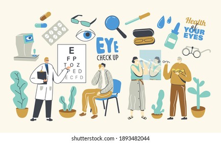 Professional Eyesight Diagnostics, Optician Exam for Vision Treatment. Doctor Character Check Vision for Eyeglasses Diopter. Oculist with Pointer Checkup Eye Sight. Linear People Vector Illustration