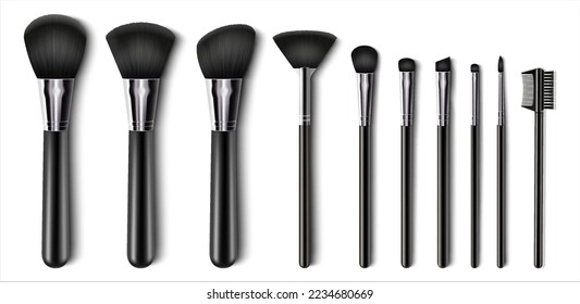 Professional facial makeup brushes. Cosmetic tools collection. Various fashion and beauty brushes for applying blush, Eye Shadow, concealer, powder. Realistic 3d vector.