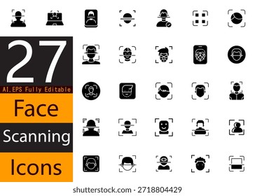 Professional Facial Recognition and Scan Interface Icons Set for Digital Applications and Security Layouts