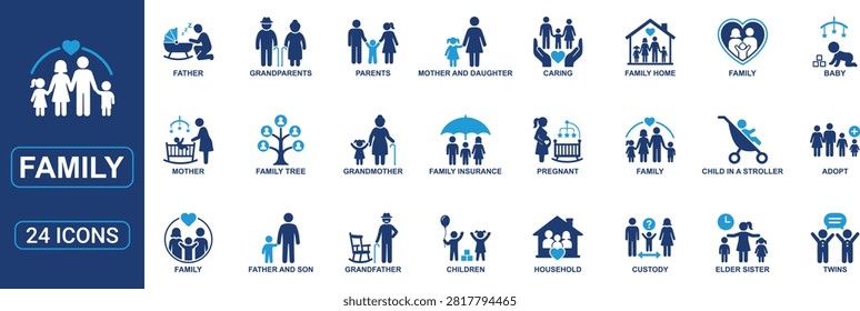 Professional family solid icon set featuring parents, mother, father, children, baby, grandparents, household, family tree, caring, pregnancy, adoption, family insurance, home, parenting, custody, twins, and support symbols. Perfect for healthcare, education, parenting, and social service projects.