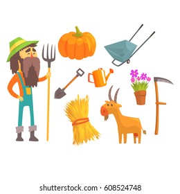 Professional Farmer And His Tools, Man And His Profession Attributes Set Of Isolated Cartoon Objects