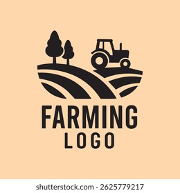 A professional farming logo design featuring hills, trees, and a tractor silhouette, perfect for agricultural businesses, organic farms, rural branding, and eco-friendly product packaging.

