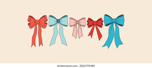 A professional fashion accessory vector illustration set featuring five hand-drawn ribbon bows isolated on a solid beige background. This generic design showcasing vintage gift ties, colorful wrapping ribbons, elegant hair bows, clip art, letters, invitation, ribbon, silhouette, feminine, word, graphic, bows, type, party, event, fun, soft, anniversary, label, retro, tones, and distinct sketched outlines provides an ideal choice for greeting cards, boutique branding, and creative infographic layouts.