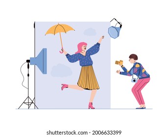 Professional fashion photo session scene with photographer and model cartoon characters, flat vector illustration on white background. Fashion photography industry.