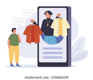 Professional Fashion Stylist Helps Man To Choose Clothes Via Mobile Phone, Flat Vector Illustration Isolated On White. Online Shop Assistant Work.