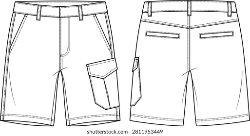 A professional fashion technical flat sketch of men's cargo shorts featuring a side utility flap pocket and back welt pockets. This vector apparel template includes front and back views, ideal for menswear design, tech packs, and production manufacturing.