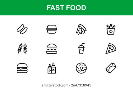 Professional Fast Food Icons Pack with Creative Vector Illustrations of Popular Snacks, Beverages, and Meals